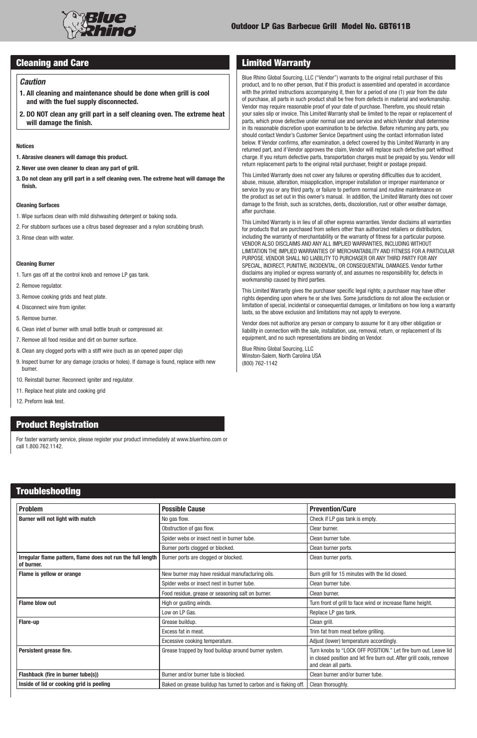 Troubleshooting, Cleaning and care, Product registration | Limited warranty | Blue Rhino GBT611B User Manual | Page 8 / 16