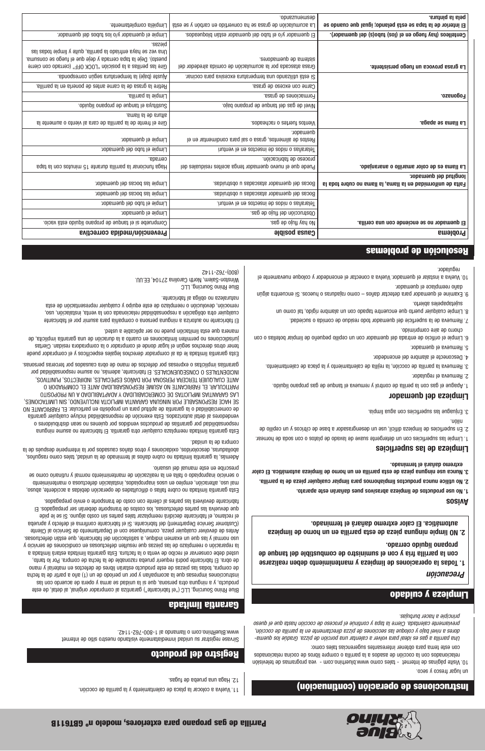 Resolución de problemas, Limpieza y cuidado, Registro del producto | Garantia limitada, Instrucciones de operación (continuación), Precaución, Avisos, Limpieza de las superficies, Limpieza del quemador | Blue Rhino GBT611B User Manual | Page 9 / 16
