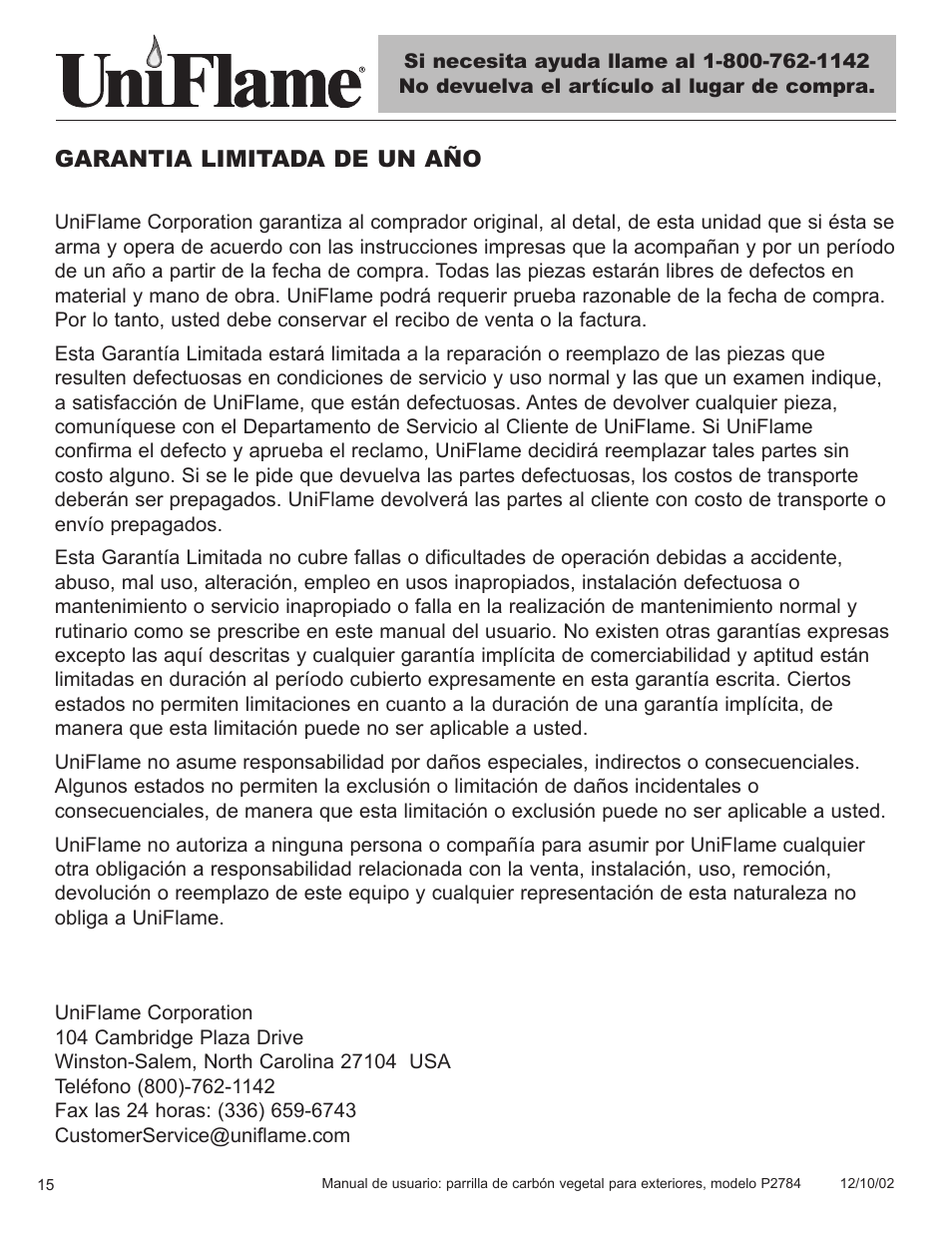 Garantia limitada de un año | Blue Rhino P2784 User Manual | Page 16 / 21