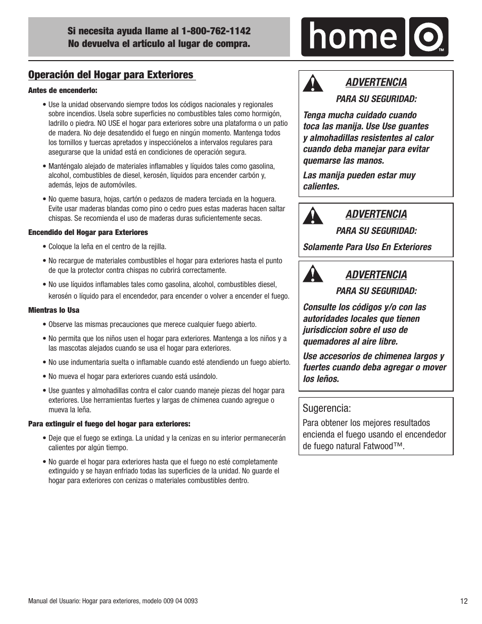 Operación del hogar para exteriores, Advertencia, Sugerencia | Blue Rhino 009 04 0093 User Manual | Page 13 / 20