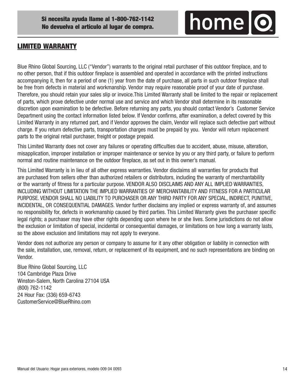 Limited warranty | Blue Rhino 009 04 0093 User Manual | Page 15 / 20