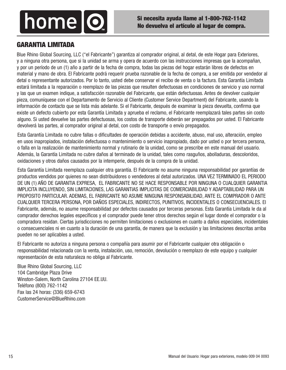 Garantia limitada | Blue Rhino 009 04 0093 User Manual | Page 16 / 20