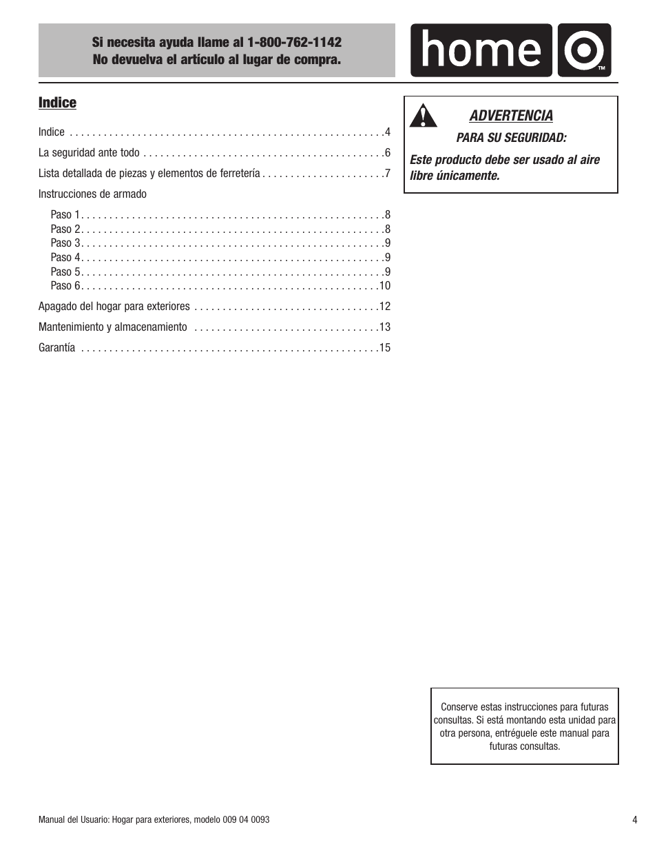 Indice, Advertencia | Blue Rhino 009 04 0093 User Manual | Page 5 / 20