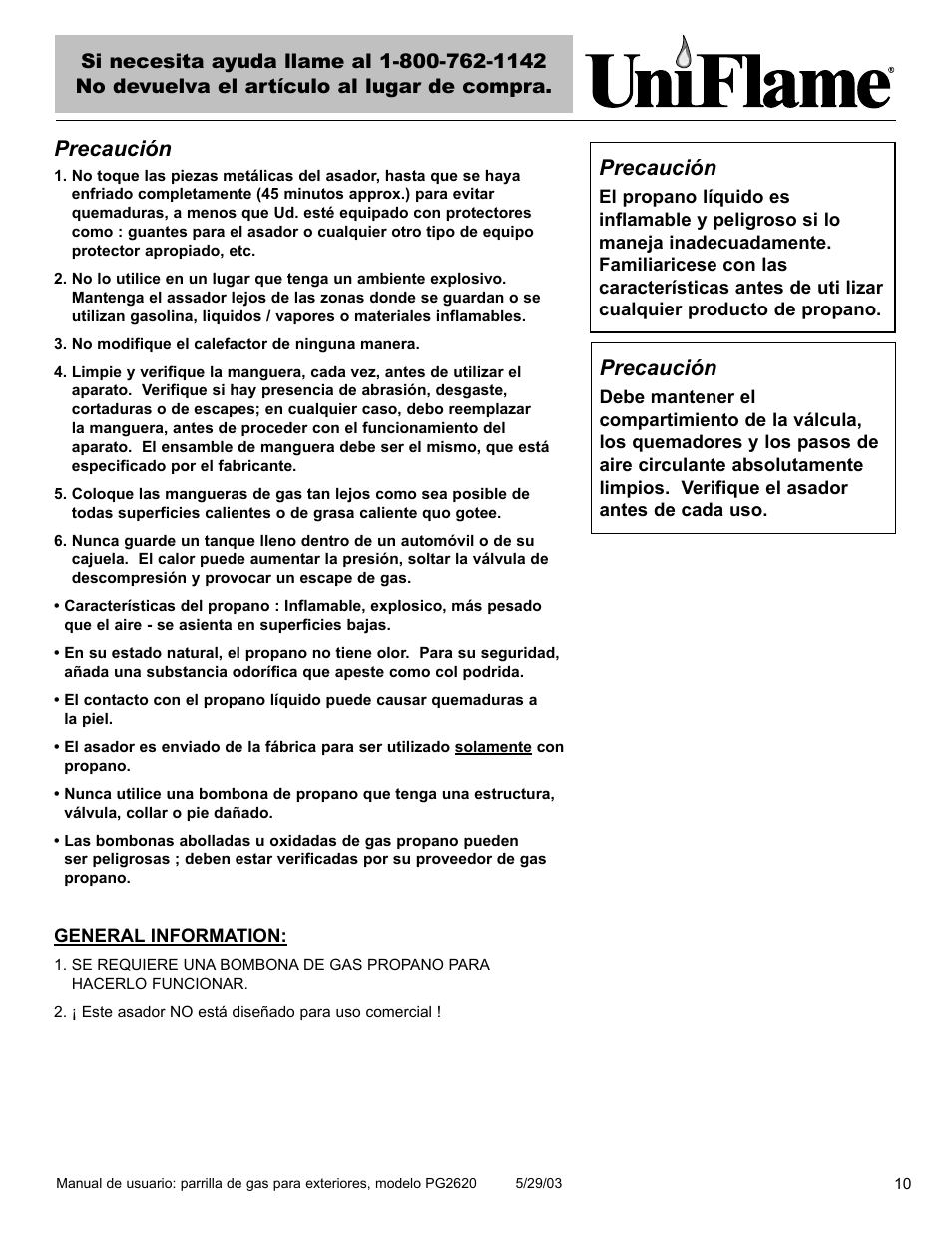 Precaución | Blue Rhino PG2620 User Manual | Page 11 / 40