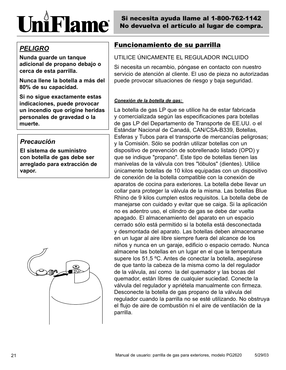 Funcionamiento de su parrilla, Precaución, Peligro | Blue Rhino PG2620 User Manual | Page 22 / 40