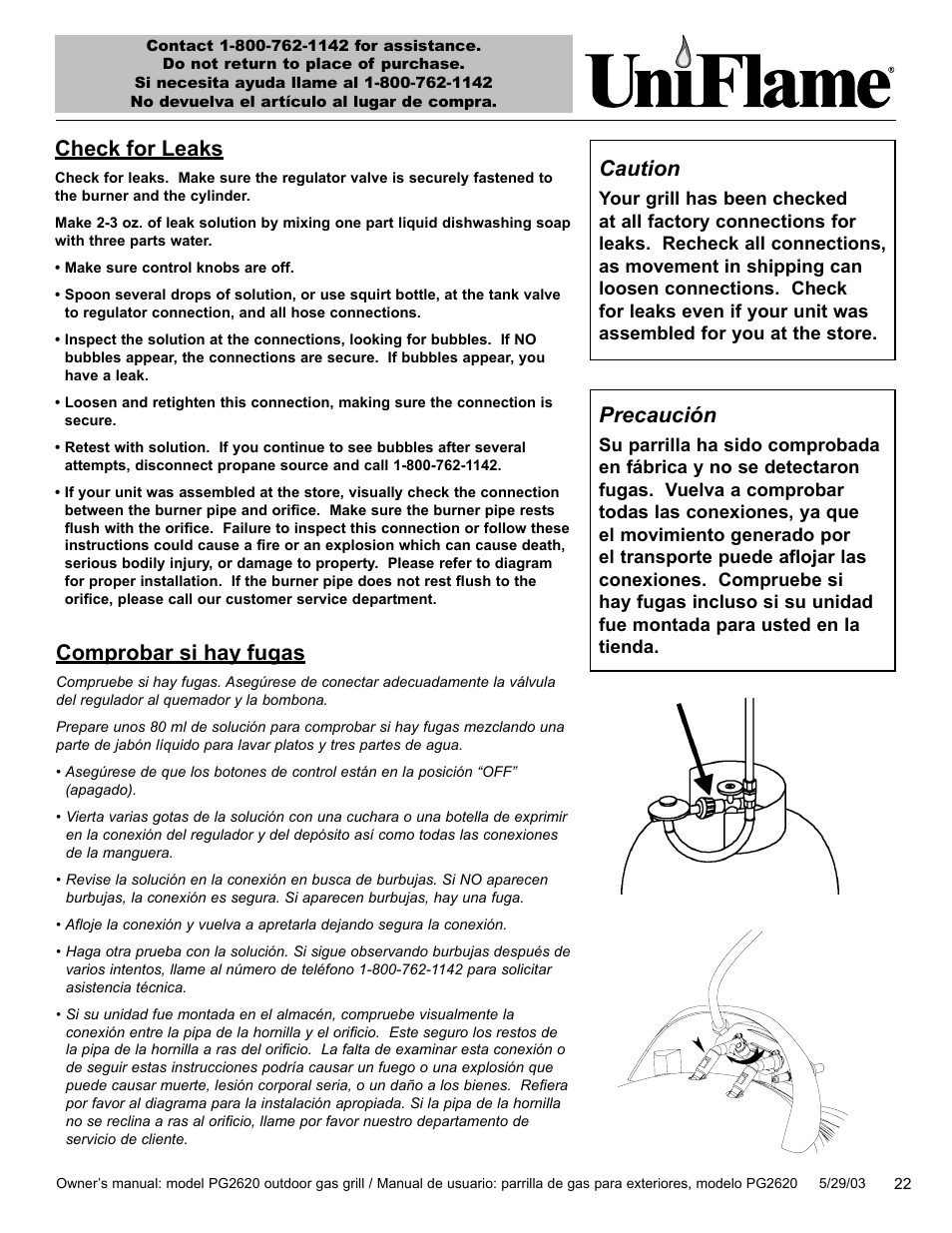 Check for leaks, Caution, Comprobar si hay fugas | Precaución | Blue Rhino PG2620 User Manual | Page 23 / 40