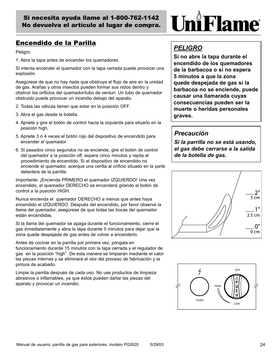 Peligro, Encendido de la parilla, Precaución | Blue Rhino PG2620 User Manual | Page 25 / 40