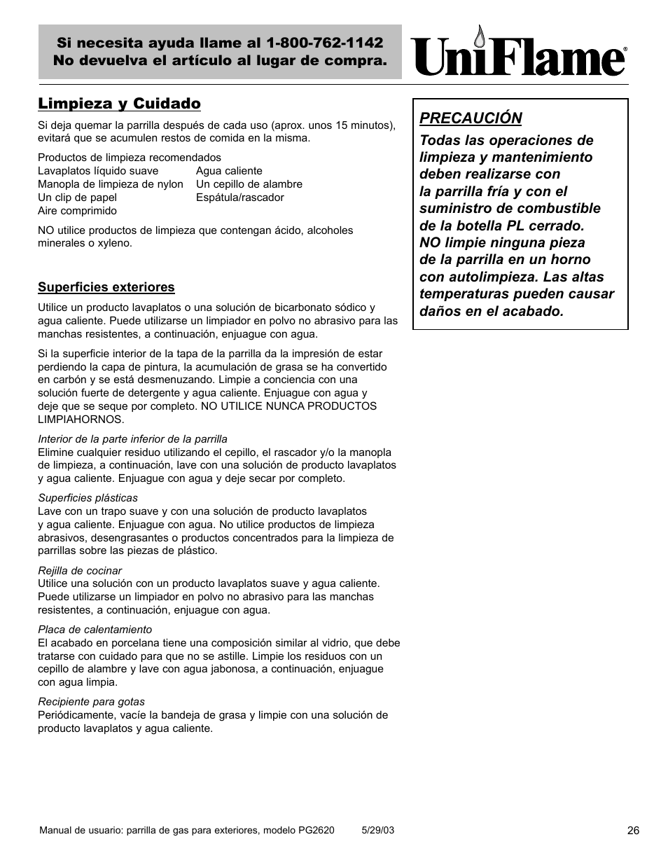 Precaución, Limpieza y cuidado | Blue Rhino PG2620 User Manual | Page 27 / 40