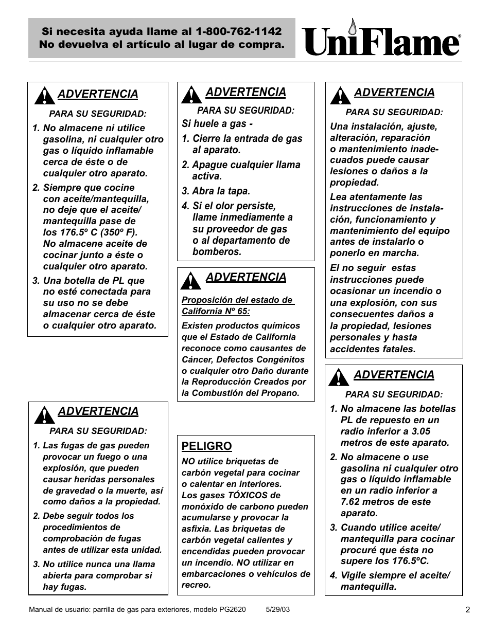 Advertencia | Blue Rhino PG2620 User Manual | Page 3 / 40