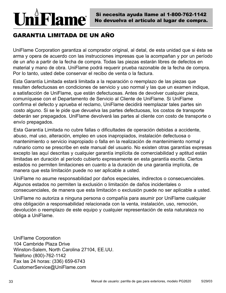 Garantia limitada de un año | Blue Rhino PG2620 User Manual | Page 34 / 40