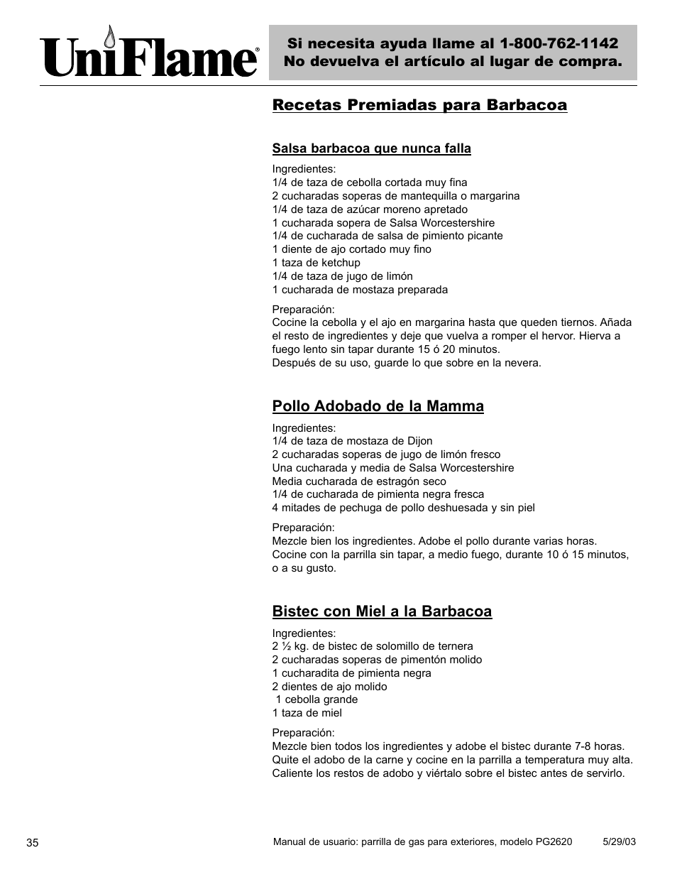 Pollo adobado de la mamma, Bistec con miel a la barbacoa | Blue Rhino PG2620 User Manual | Page 36 / 40