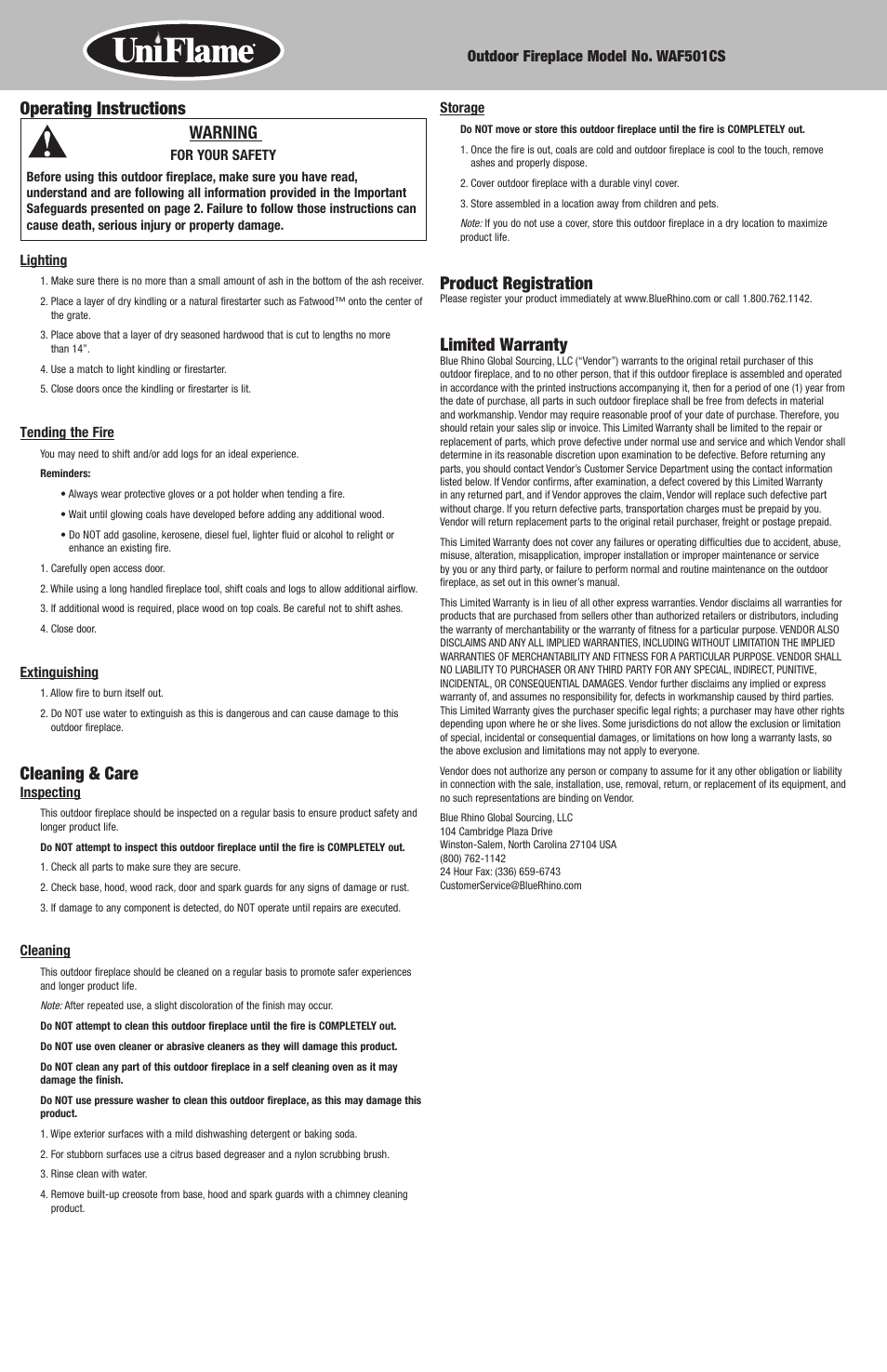 Operating instructions warning, Cleaning & care, Product registration | Limited warranty | Blue Rhino WAF501CS User Manual | Page 6 / 6
