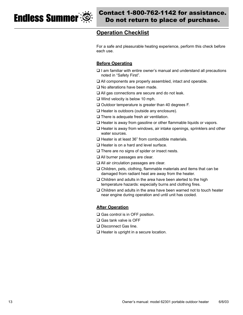 Operation checklist | Blue Rhino Endless Summer 62301 User Manual | Page 14 / 40