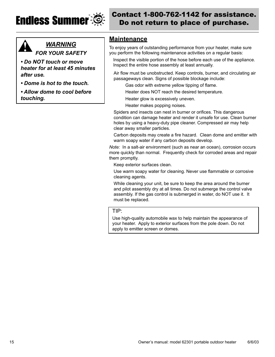 Maintenance, Warning | Blue Rhino Endless Summer 62301 User Manual | Page 16 / 40