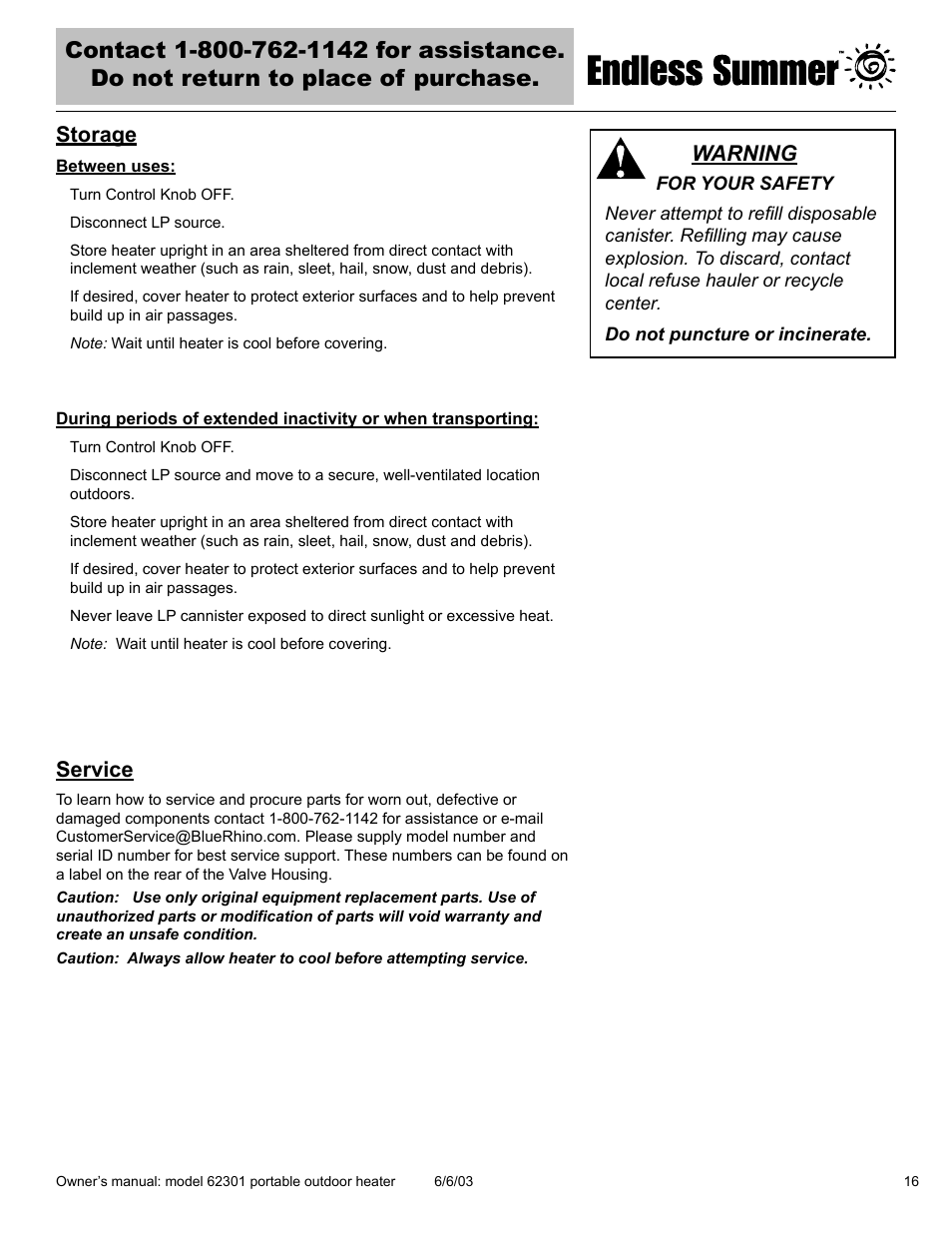 Storage, Service, Warning | Blue Rhino Endless Summer 62301 User Manual | Page 17 / 40