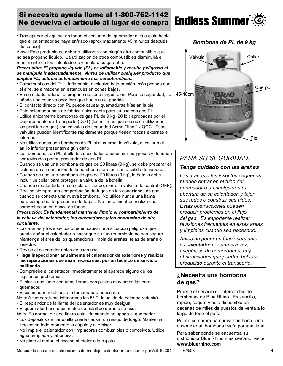 Para su seguridad, Necesita una bombona de gas | Blue Rhino Endless Summer 62301 User Manual | Page 23 / 40