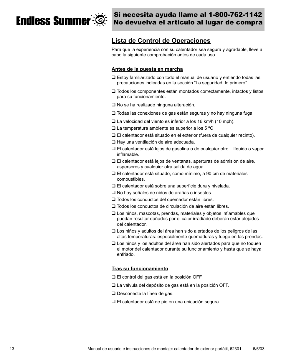 Lista de control de operaciones | Blue Rhino Endless Summer 62301 User Manual | Page 32 / 40