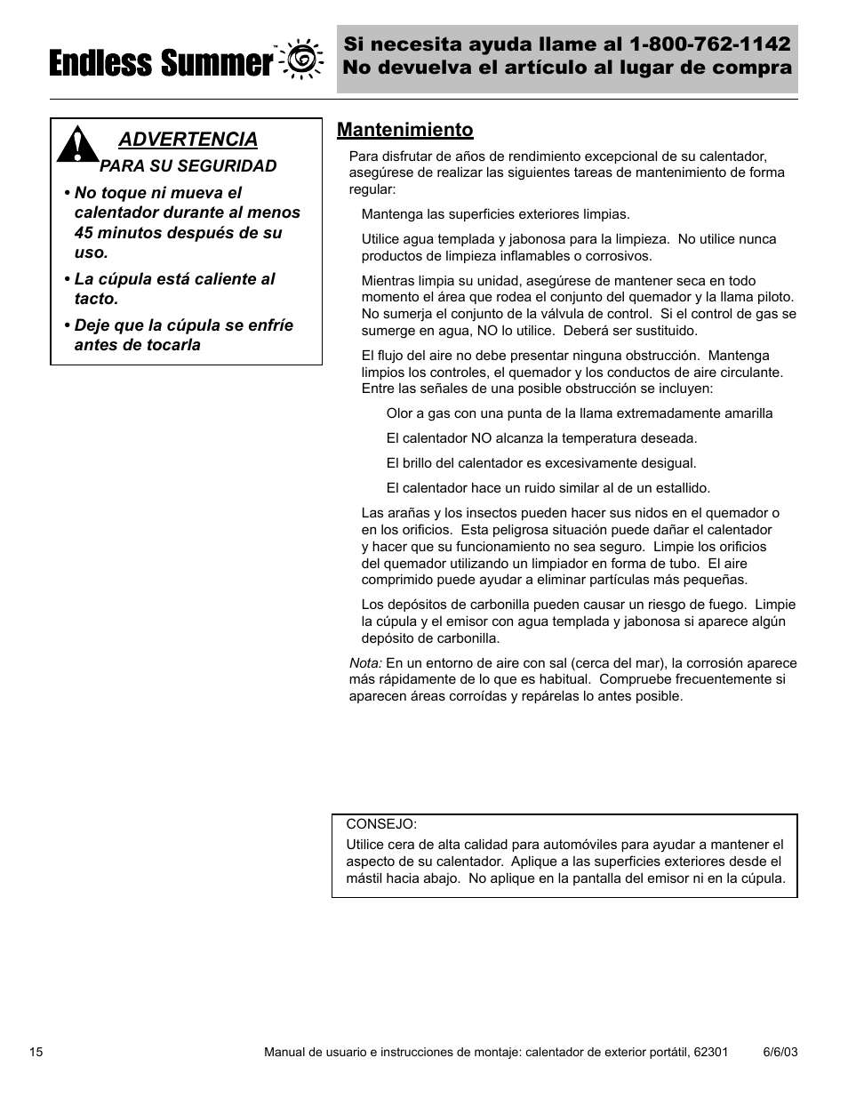 Mantenimiento, Advertencia | Blue Rhino Endless Summer 62301 User Manual | Page 34 / 40