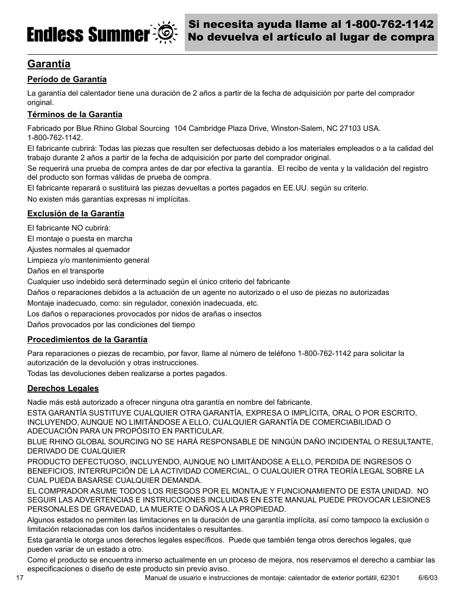 Garantía | Blue Rhino Endless Summer 62301 User Manual | Page 36 / 40