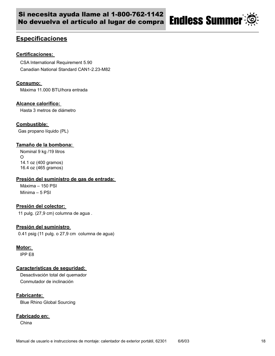 Especificaciones | Blue Rhino Endless Summer 62301 User Manual | Page 37 / 40