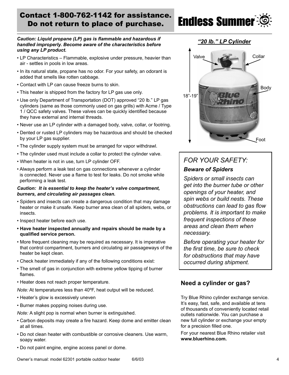 For your safety, Need a cylinder or gas | Blue Rhino Endless Summer 62301 User Manual | Page 5 / 40