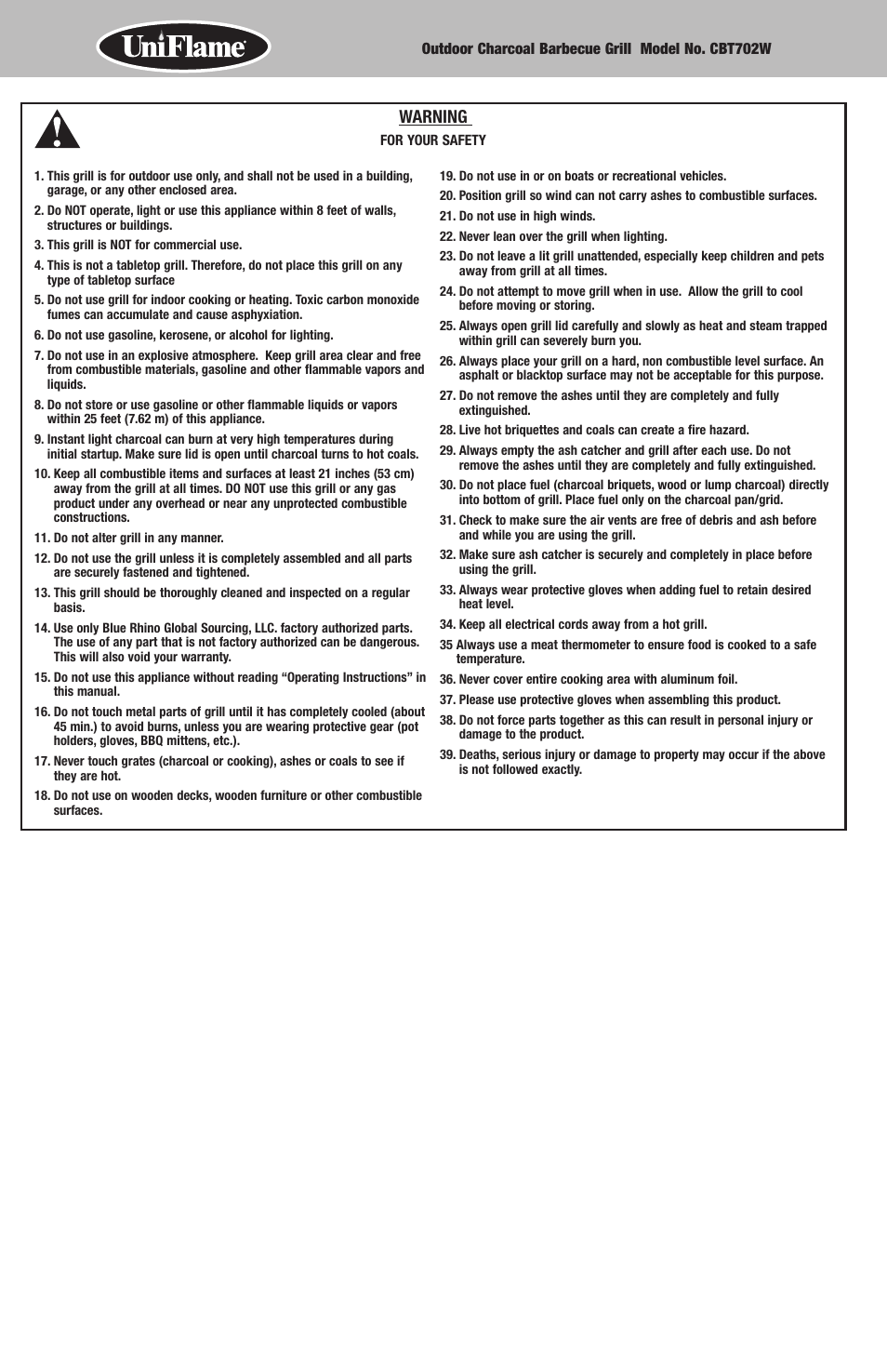 Warning | Blue Rhino CBT702W User Manual | Page 2 / 16