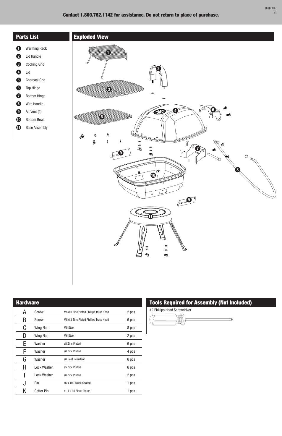 Parts list, Exploded view, Hardware | Tools required for assembly (not included) | Blue Rhino CBT702W User Manual | Page 3 / 16