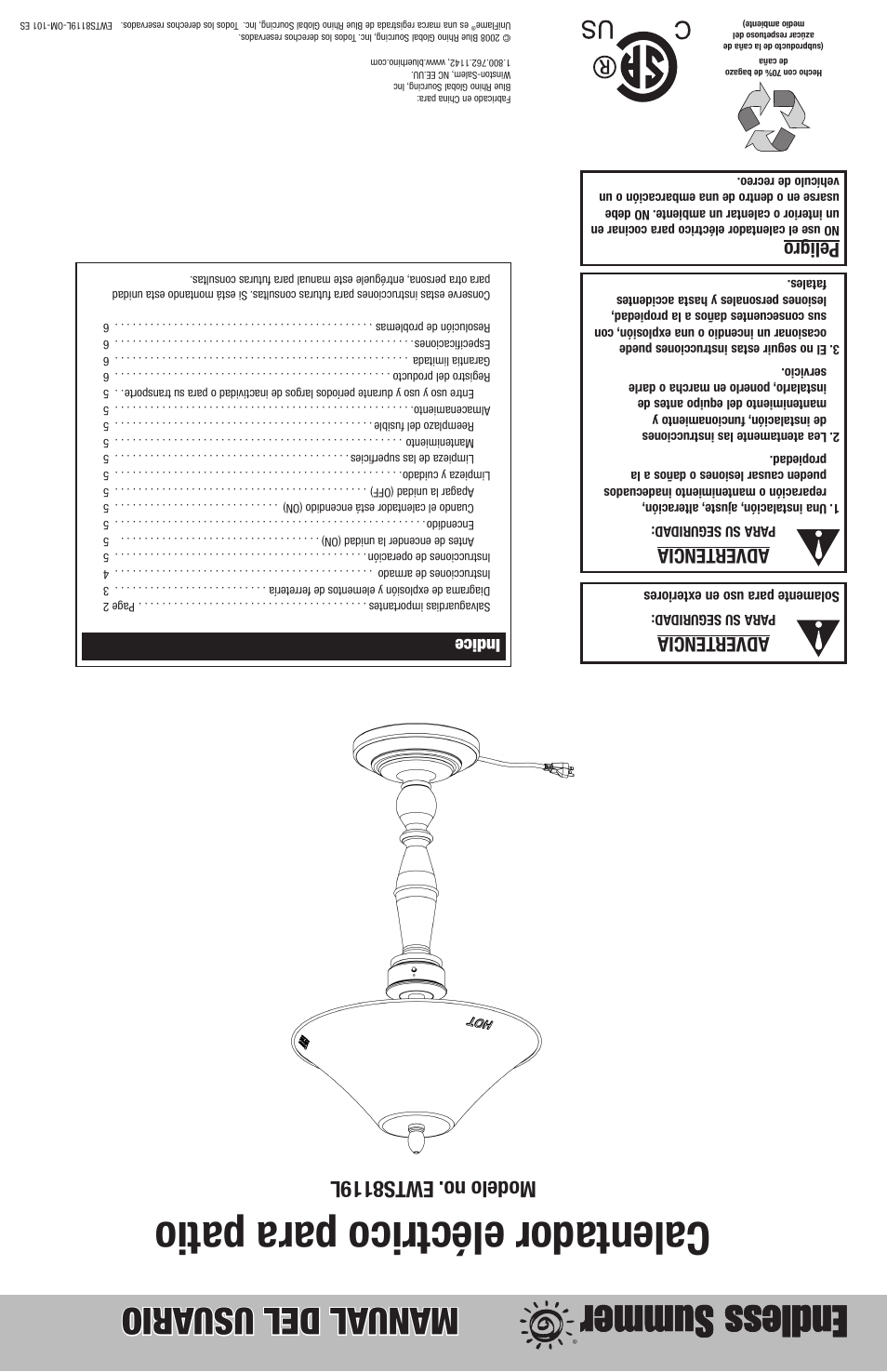Calentador eléctrico para patio, Manual del usu ario, Modelo no. ewts8119l | Advertencia, Peligro, Indice | Blue Rhino EWTS8119L User Manual | Page 12 / 12