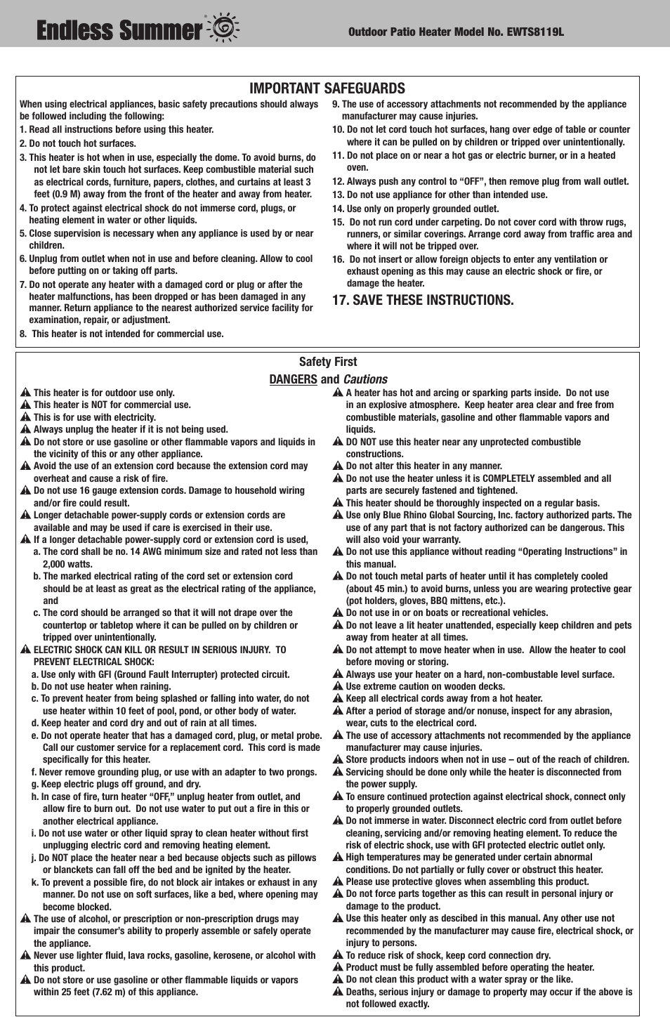 Important safeguards, Save these instructions, Safety first dangers and cautions | Blue Rhino EWTS8119L User Manual | Page 2 / 12
