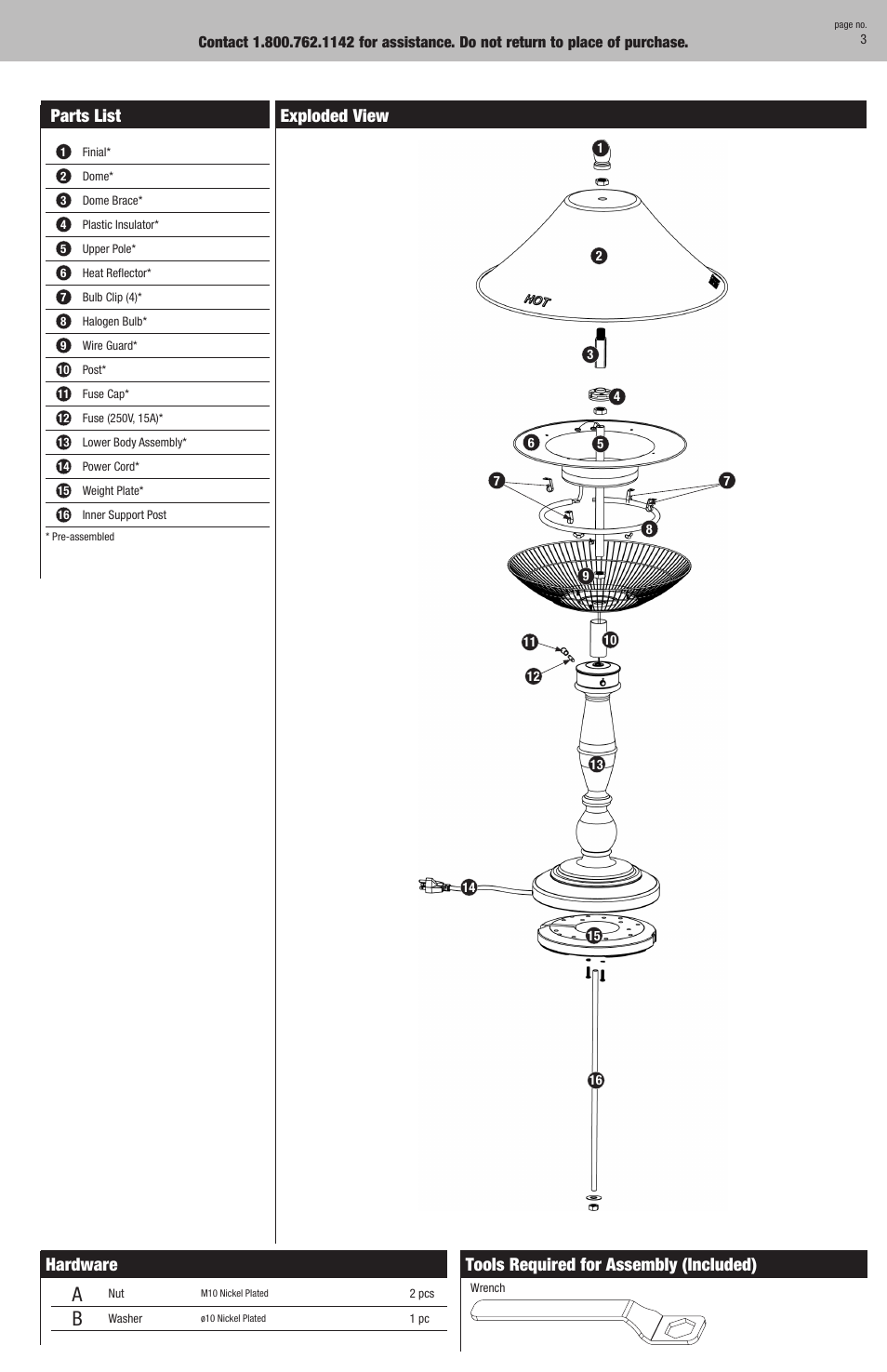 Parts list, Exploded view hardware, Tools required for assembly (included) | Blue Rhino EWTS8119L User Manual | Page 3 / 12
