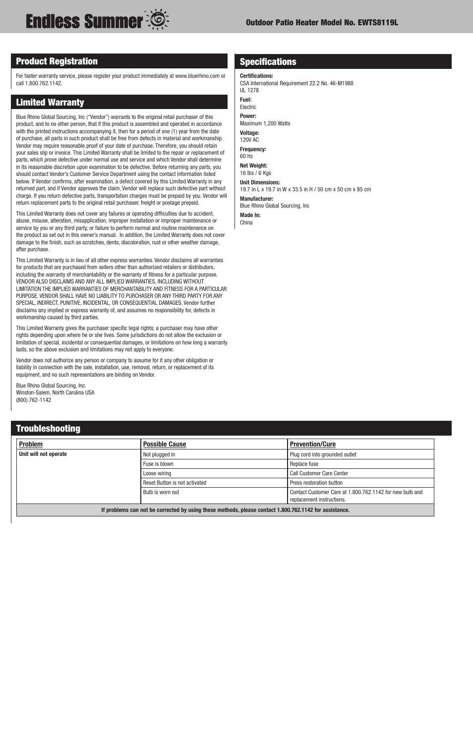 Product registration, Limited warranty, Specifications | Troubleshooting | Blue Rhino EWTS8119L User Manual | Page 6 / 12