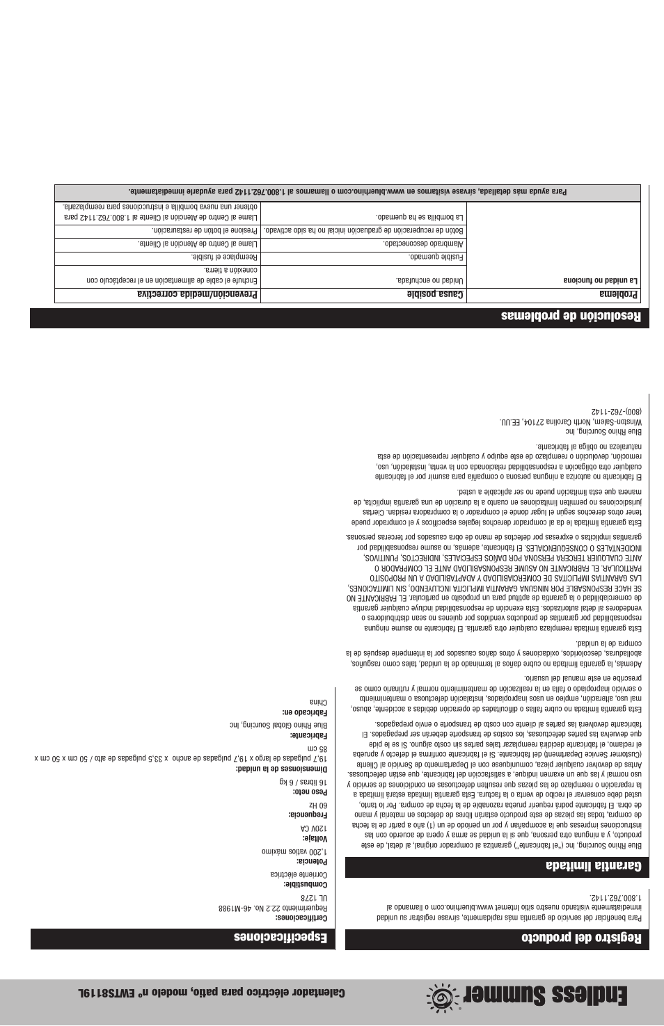Registro del producto, Garantia limitada, Especificaciones | Resolución de problemas | Blue Rhino EWTS8119L User Manual | Page 7 / 12