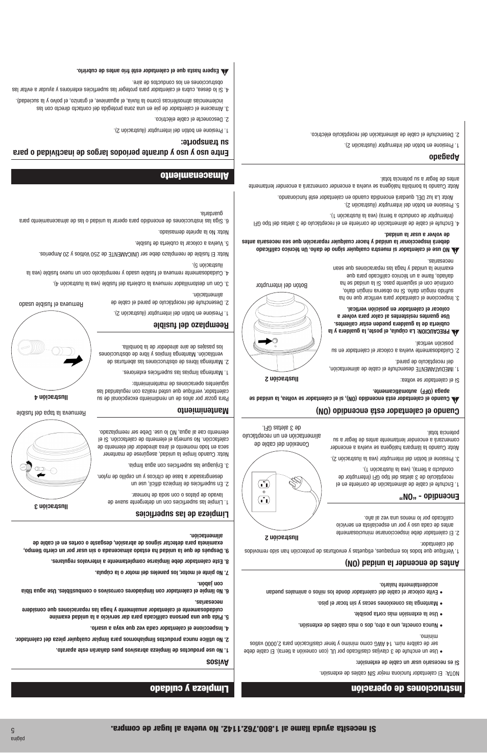 Instrucciones de operación limpieza y cuidado, Almacenamiento, Antes de encender la unidad (on) | Encendido - “on, Cuando el calentador está encendido (on), Apagado, Avisos, Limpieza de las superficies, Mantenimiento, Reemplazo del fusible | Blue Rhino EWTS8119L User Manual | Page 8 / 12