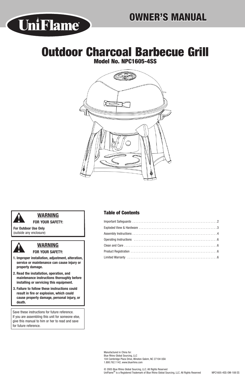 Blue Rhino Outdoor Charcoal Barbecue Grill NPC1605-4SS User Manual | 12 pages