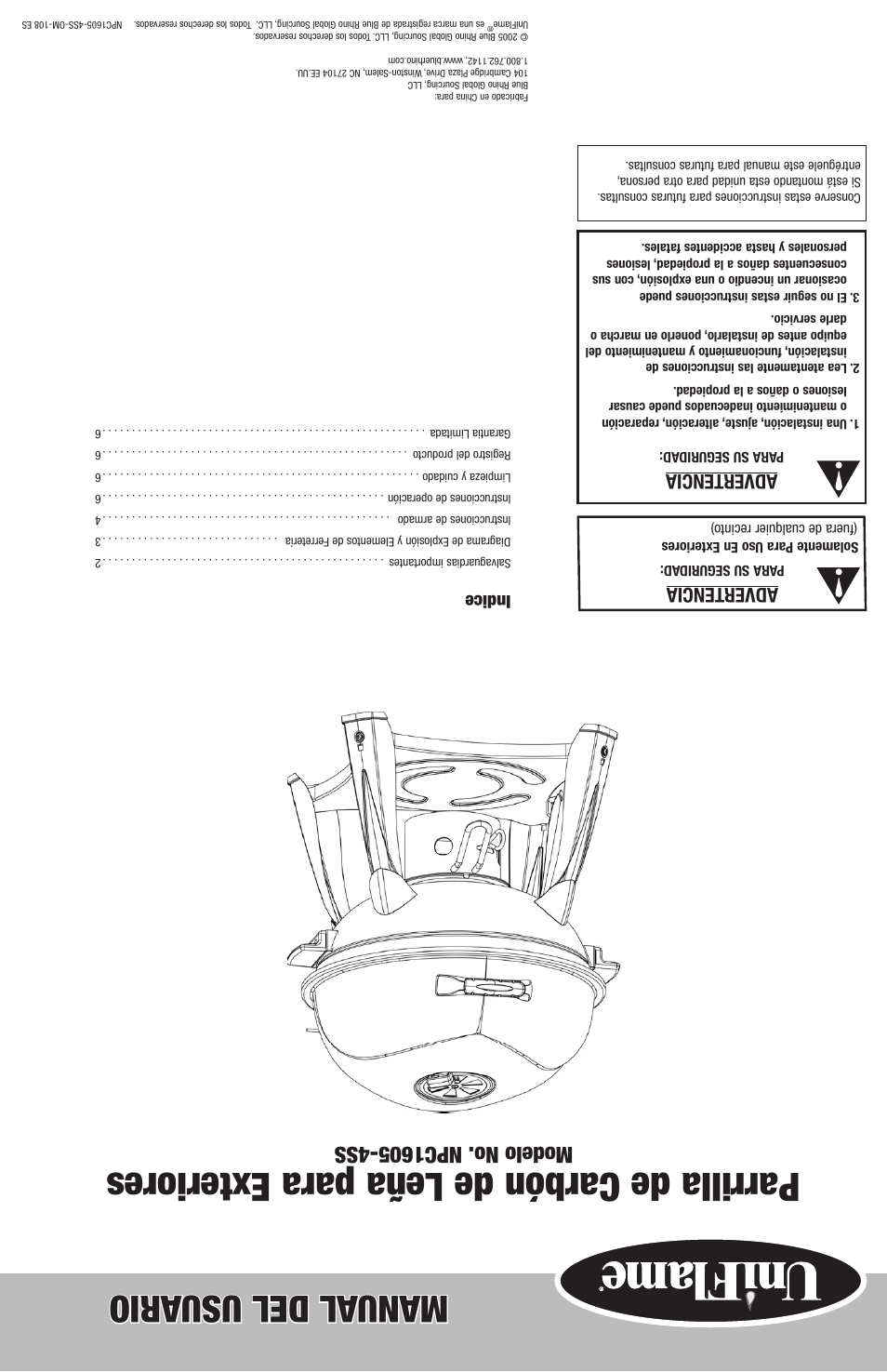 Parrilla de carbón de leña para exteriores, Manual del usu ario, Advertencia | Indice | Blue Rhino Outdoor Charcoal Barbecue Grill NPC1605-4SS User Manual | Page 12 / 12