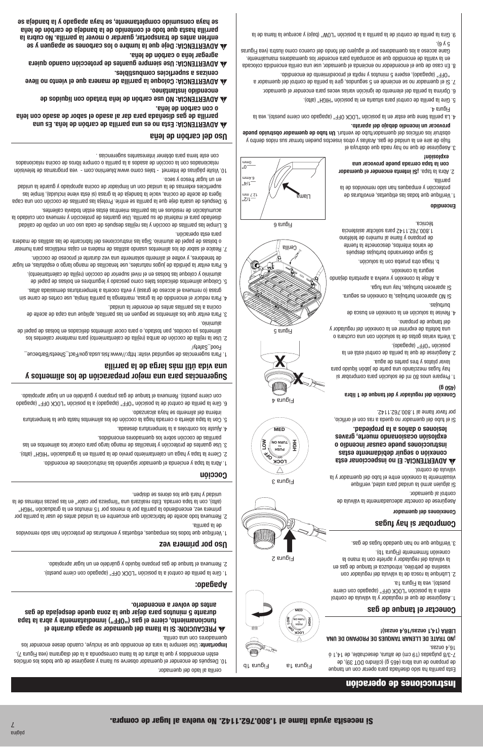 Instrucciones de operación, Conectar el tanque de gas, Comprobar si hay fugas | Apagado, Uso por primera vez, Cocción, Uso del carbón de leña | Blue Rhino HBT722W User Manual | Page 14 / 20