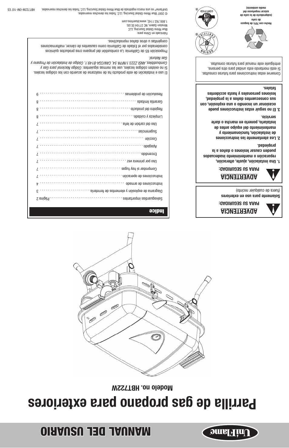 Parrilla de gas propano para e xteriores, Manual del usu ario, Modelo no. hbt722w | Advertencia, Indice | Blue Rhino HBT722W User Manual | Page 20 / 20