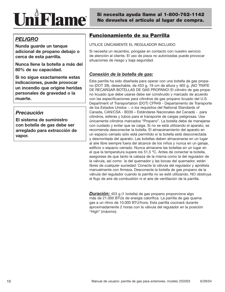 Precaución, Peligro, Funcionamiento de su parrilla | Blue Rhino 253303 User Manual | Page 20 / 32