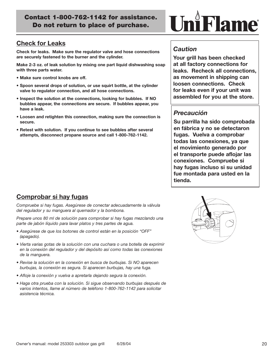 Check for leaks, Caution, Comprobar si hay fugas | Precaución | Blue Rhino 253303 User Manual | Page 21 / 32