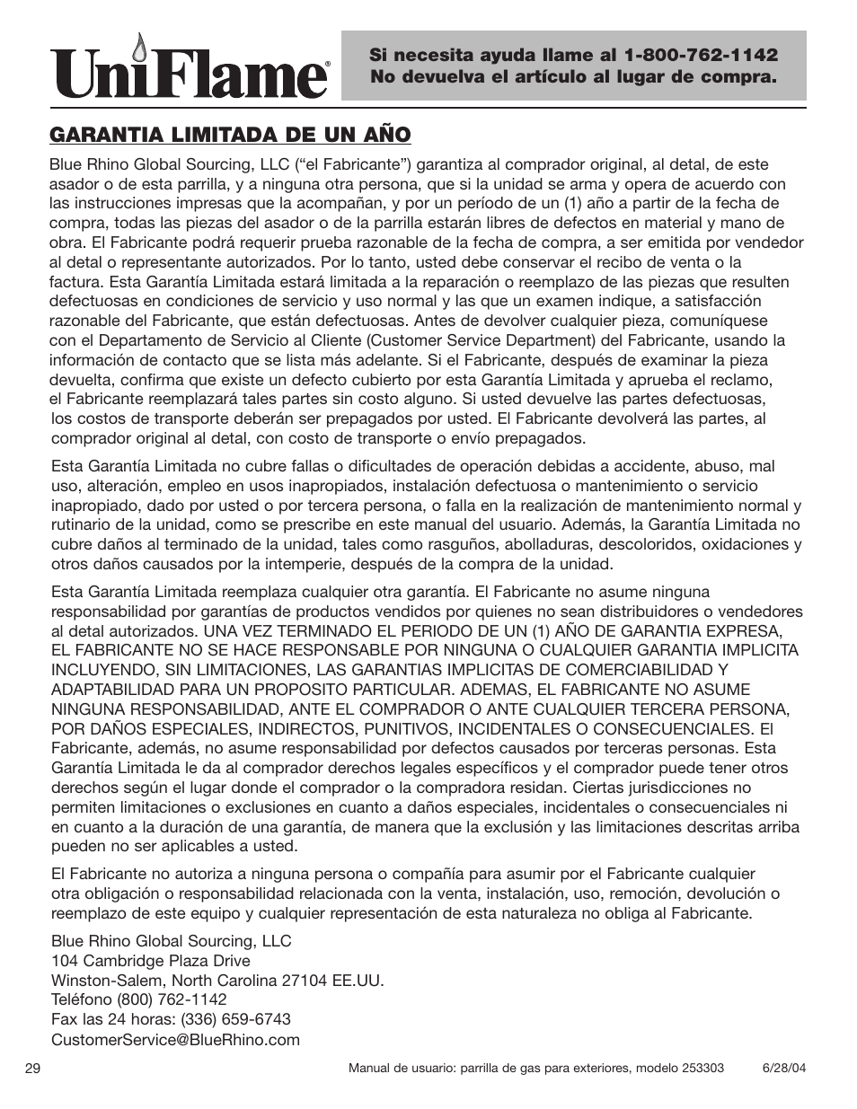 Garantia limitada de un año | Blue Rhino 253303 User Manual | Page 30 / 32