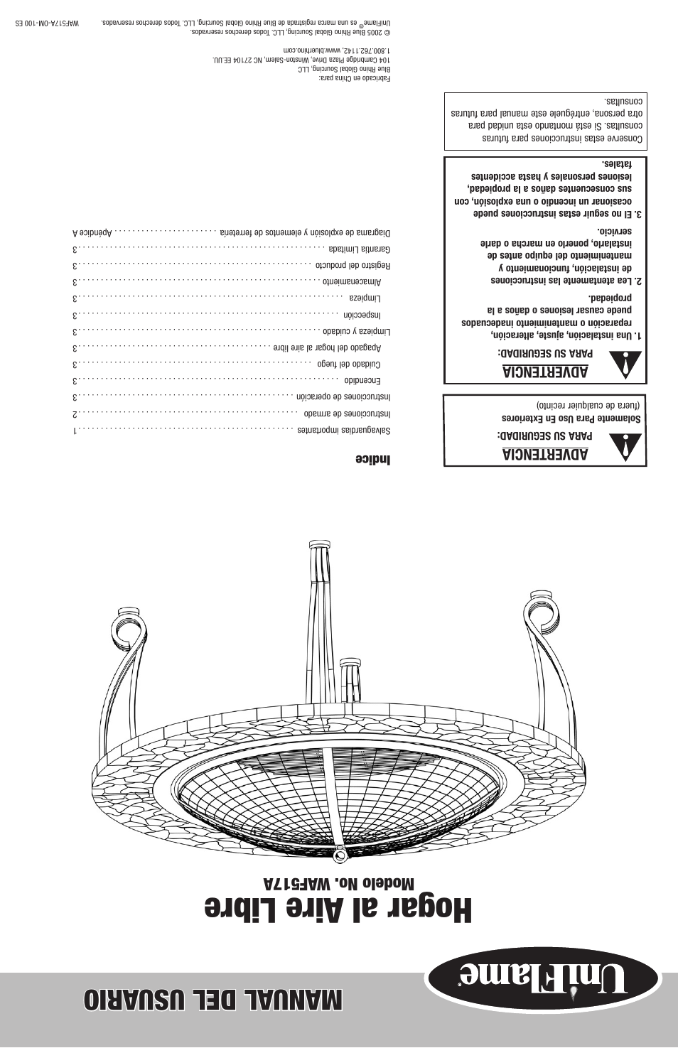 Hogar al aire libre, Manual del usu ario, Modelo no. waf517a | Advertencia, Indice | Blue Rhino WAF517A User Manual | Page 10 / 10