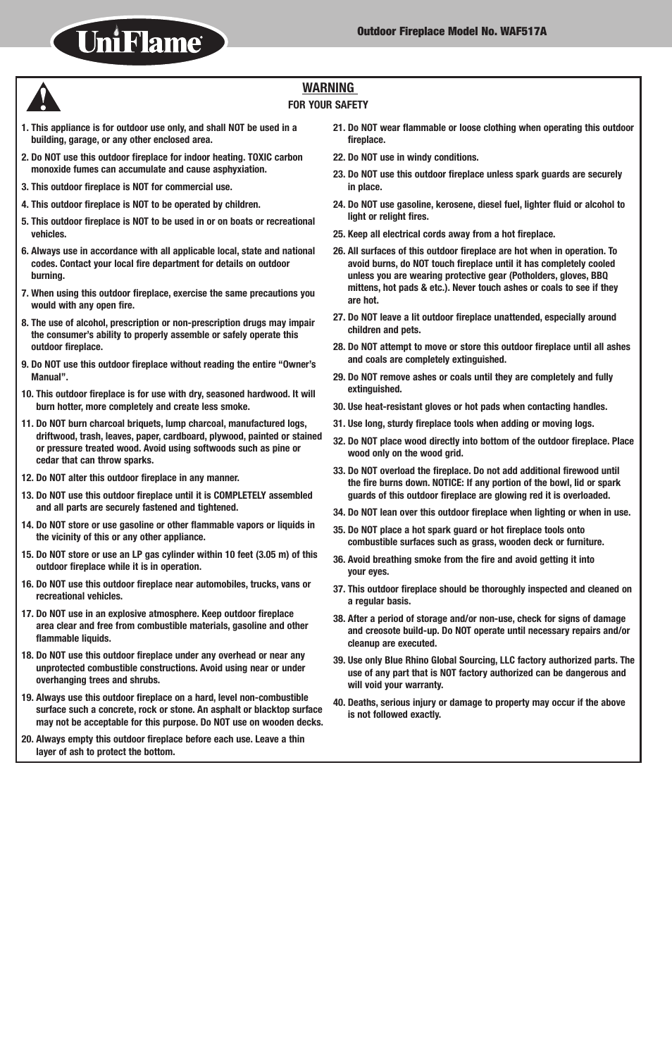 Warning | Blue Rhino WAF517A User Manual | Page 2 / 10