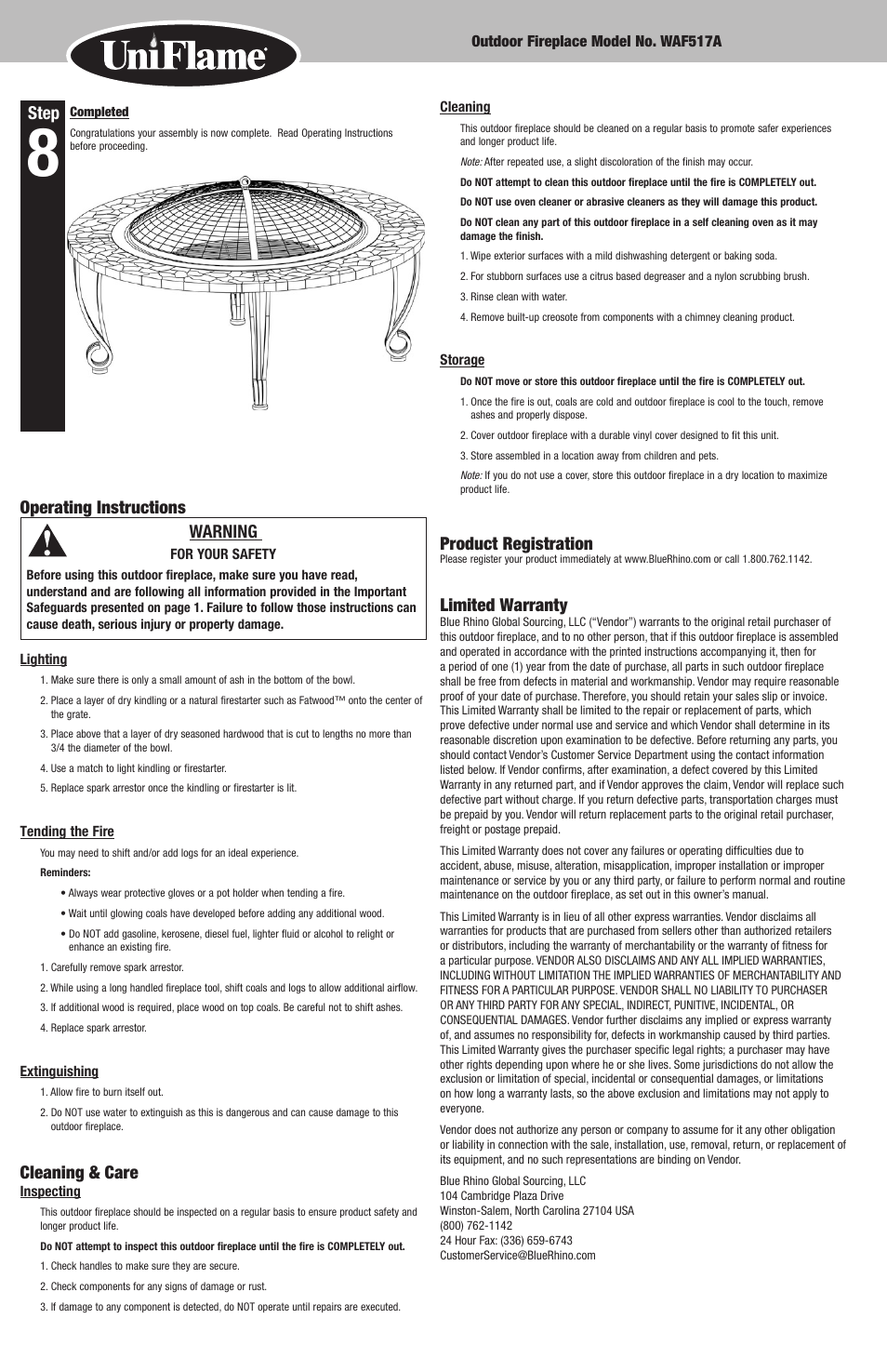 Step, Operating instructions warning, Cleaning & care | Product registration, Limited warranty | Blue Rhino WAF517A User Manual | Page 4 / 10