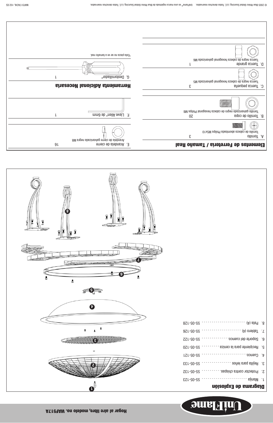 Diagrama de explosión, Elementos de ferretería / tamaño real, Herramienta adicional necesaria | Blue Rhino WAF517A User Manual | Page 6 / 10