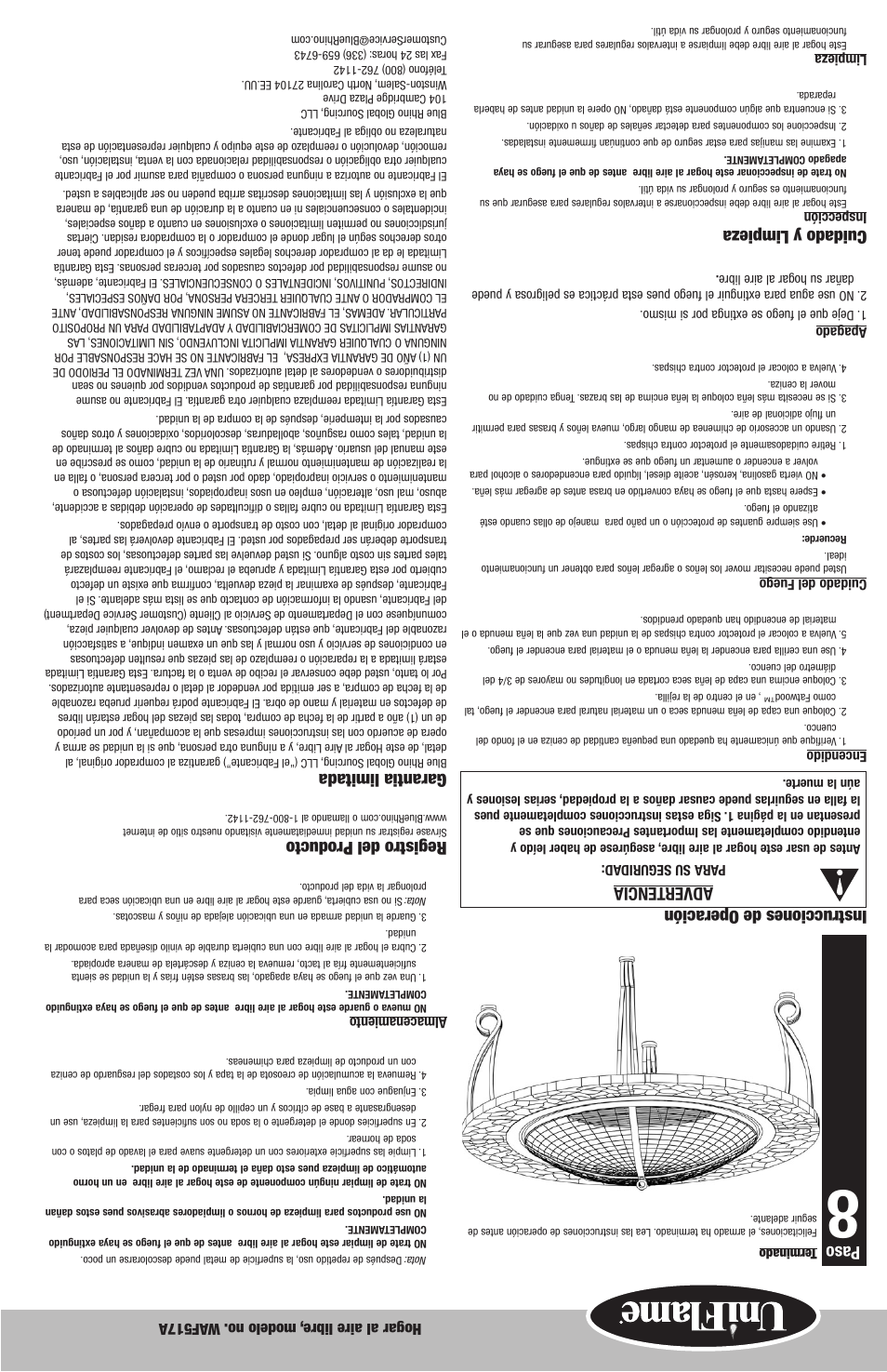 Paso, Instrucciones de operación advertencia, Cuidado y limpieza | Registro del producto, Garantia limitada | Blue Rhino WAF517A User Manual | Page 7 / 10