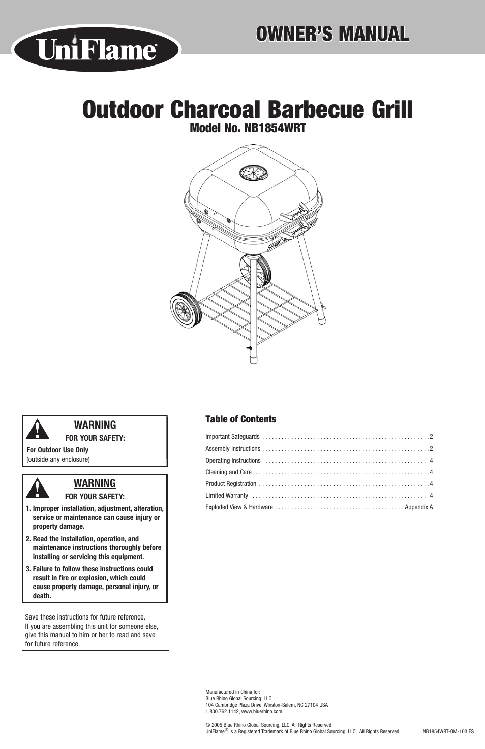 Blue Rhino Outdoor Charcoal Barbecue Grill NB1854WRT User Manual | 10 pages