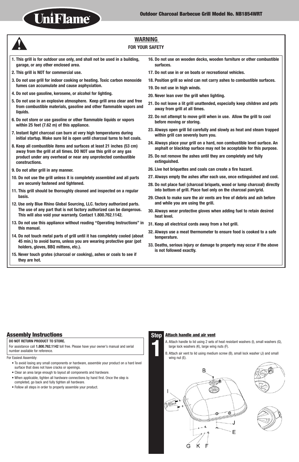 Step, Assembly instructions, Warning | Blue Rhino Outdoor Charcoal Barbecue Grill NB1854WRT User Manual | Page 2 / 10