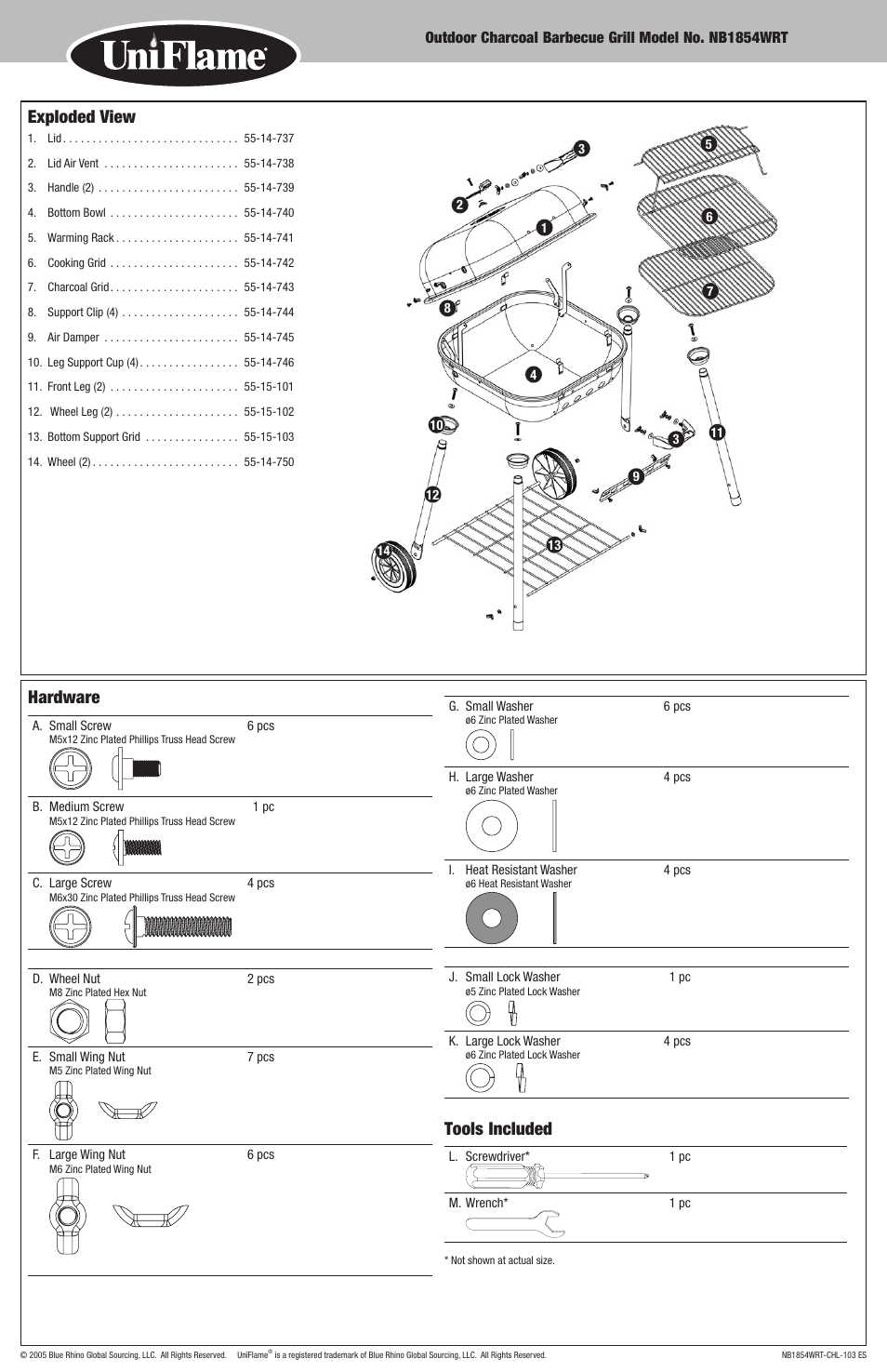 Exploded view, Hardware, Tools included | Blue Rhino Outdoor Charcoal Barbecue Grill NB1854WRT User Manual | Page 5 / 10