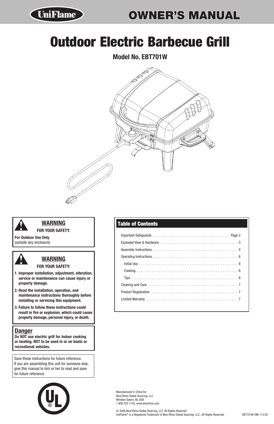 Blue Rhino Electric Grill EBT701W User Manual | 16 pages