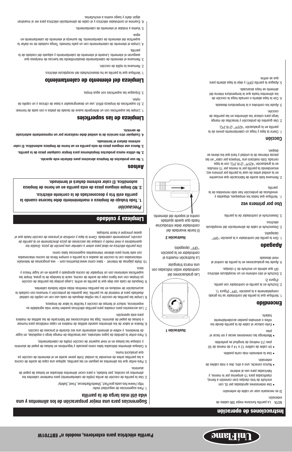 Limpieza y cuidado, Avisos, Limpieza de las superficies | Limpieza del elemento de calentamiento, Encendido, Apagado, Instrucciones de operación, Precaución, Uso por primera vez, Cocción | Blue Rhino Electric Grill EBT701W User Manual | Page 11 / 16